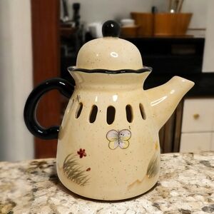 Home Interiors Tea Pot Ceramic Tea Light Candle Holder Butterfly Design 7x8"